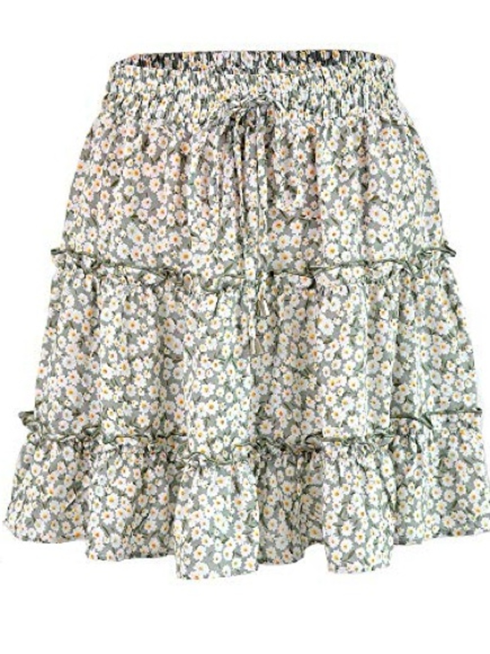 Floral Skirt Tiered Smocked Waist - Green Daisy Print